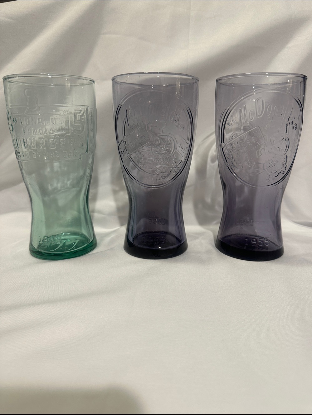 McDonald's Colored Embossed Glass Tumblers - Green & Purple Set of 3